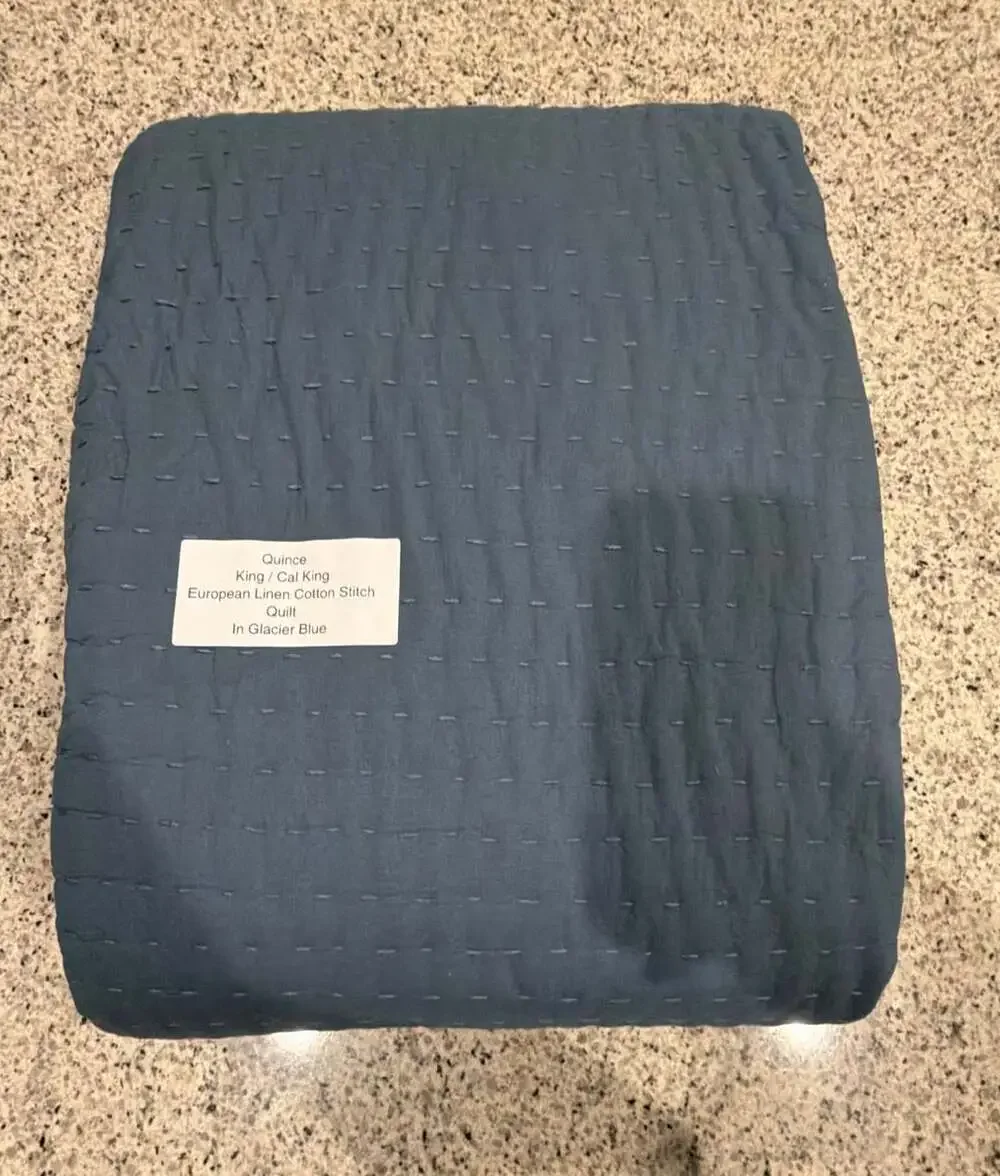 Quince King / Cal King European Linen Cotton Stitch Quilt in Glacier Blue